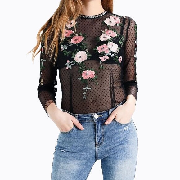 Topshop Black Floral Embroidered Top Sz 6 Sheer Plumetis Tulle Stud Fairy Grunge - Picture 1 of 10